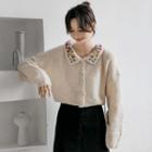 Floral Embroidered Collared Cardigan White - One Size