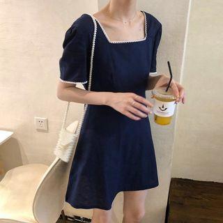 Short-sleeve Square Neck A-line Dress Dark Blue - One Size