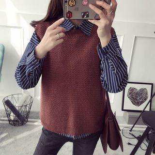 Set: Pinstriped Long-sleeve Shirt + Knit Vest