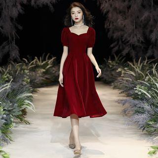 Short-sleeve Plain A-line Midi Evening Dress