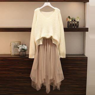 Set: V-neck Sweater + Asymmetric A-line Midi Mesh Skirt
