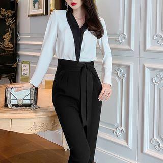 Long-sleeve Contrast Trim V-neck Blouse