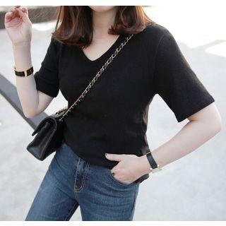 V-neck Short-sleeve Wool Blend T-shirt