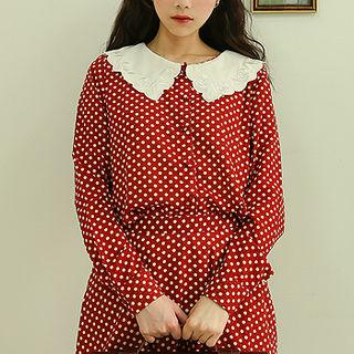 Set: Wide-collar Polka-dot Blouse + Skirt