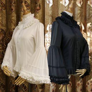 Mock-turtleneck Pintuck Ruffled Blouse