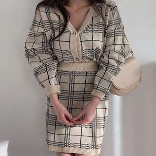 Knit Set: Plaid Cardigan + Miniskirt One Size