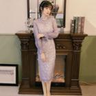 Long-sleeve Lace Midi Sheath Qipao Dress