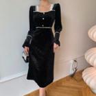 Lace Trim Square Neck Bell Sleeve Velvet A-line Dress