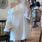 Long-sleeve Off-shoulder Ruffled A-line Dress White - One Size