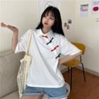 Elbow-sleeve Mandarin Collar Shirt White - One Size