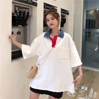 Elbow-sleeve Color Block Placket T-shirt As Shown In Figure - One Size