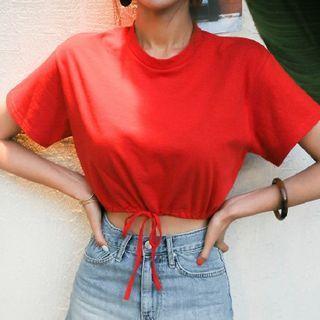 Drawstring-cuff Short-sleeve Cropped T-shirt