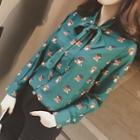 Print Bow Long-sleeve Linen Cotton Blouse