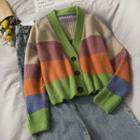 V-neck Color-block Striped Cardigan Green - One Size
