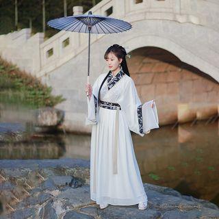 Printed Trim Long-sleeve Tie-front Midi A-line Dress
