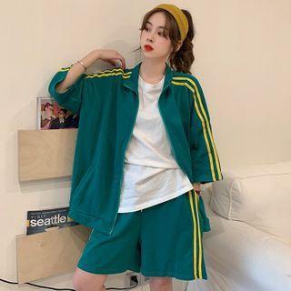 Set: 3/4-sleeve Striped Zip-up Jacket + Shorts