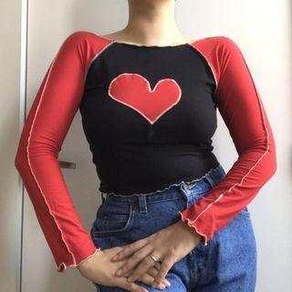 Long-sleeve Color Block Panel Heart Print Top