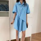 Plain Short-sleeve Shirt Dress Blue - One Size
