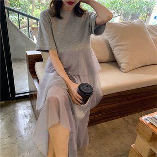 Short-sleeve Asymmetric Sheer Layered Pleated Dress