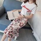 Set: Embroidered Short-sleeve T-shirt + Floral Print Midi Skirt