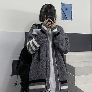 Contrast Stripe Cable Knit V-neck Cardigan
