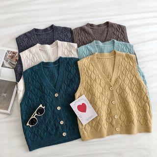 Plain V-neck Single-breasted Argyle Knit Vest