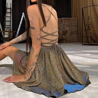 Spaghetti Strap Backless Mini A-line Dress