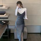 Long-sleeve Mock-neck Top / Spaghetti Strap Ruched Midi A-line Dress
