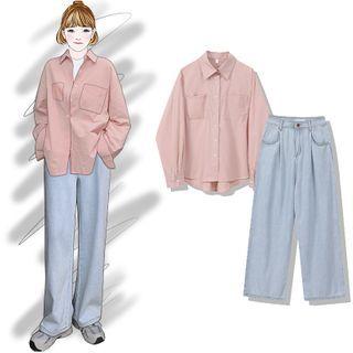 Long-sleeve Plain Shirt / Wide-leg Jeans