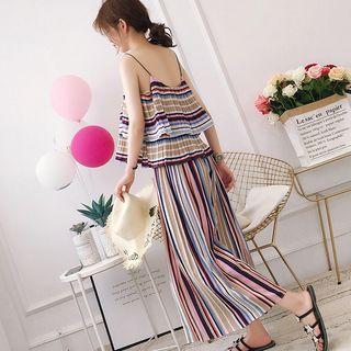 Set: Striped Spaghetti-strap Layered Top + Wide-leg Pants