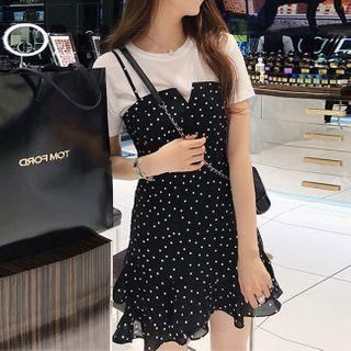 Set: Short-sleeve T-shirt + Spaghetti Strap Dotted Mini A-line Dress