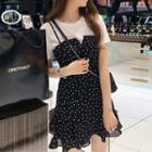 Set: Short-sleeve T-shirt + Spaghetti Strap Dotted Mini A-line Dress