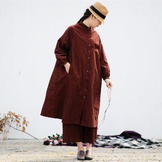 Long-sleeve Midi A-line Shirtdress Brick Red - One Size