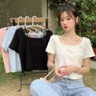 Short-sleeve Square-neck Bow Panel Plain T-shirt