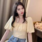 Puff-sleeve Plaid Square-neck Crop Top