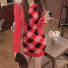 Sleeveless Argyle Print Knit Dress / Cardigan