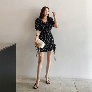 Ruched Collared Polka-dot Dress