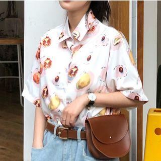 Elbow-sleeve Fruit Printed Shirt White - One Size
