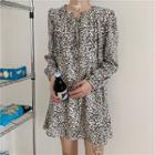 Leopard Print Long-sleeve Mini A-line Dress As Shown In Figure - One Size