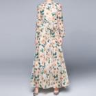 Long-sleeve Floral Print Tie-waist Maxi A-line Dress