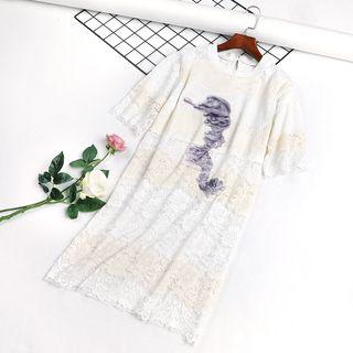 Applique Lace Elbow Sleeve Dress