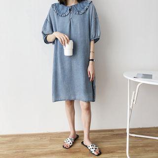 Peter-pan-collar Denim Elbow-sleeve Dress Blue - One Size