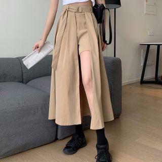 High-waist Irregular Hem Midi A-line Skirt Khaki - One Size