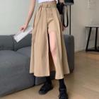 High-waist Irregular Hem Midi A-line Skirt Khaki - One Size
