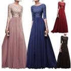 Lace 3/4-sleeve Mesh A-line Evening Gown