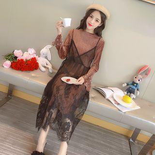 Set: Long-sleeve Velvet Dress + Spaghetti Strap Midi Lace Dress