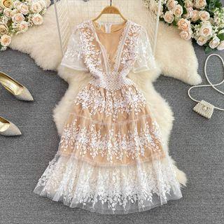 Short Sleeve Mesh Embroidered A-line Dress