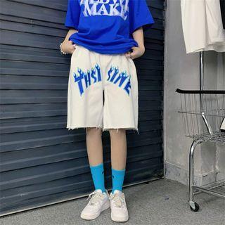 Mid-rise Letter Print Frayed Denim Shorts