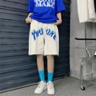 Mid-rise Letter Print Frayed Denim Shorts