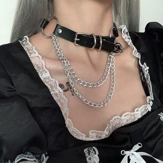 Layered Alloy Chain Faux Leather Choker Black - One Size